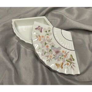 Vintage 1980 Avon Porcelain Floral Butterfly Fan Trinket Box Made In Japan - 1